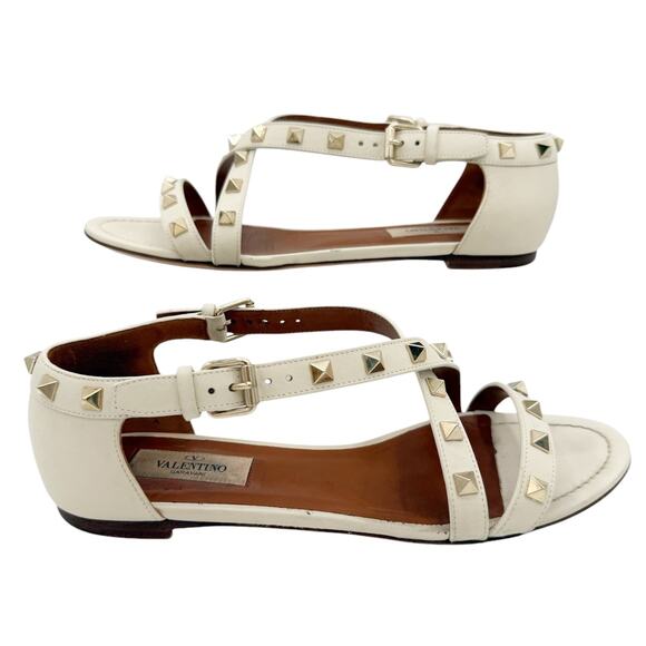 Valentino Rockstud Criss Cross Strap Flat Leather Sandals Cream EU 37.5 US 7.5 - Picture 9 of 15